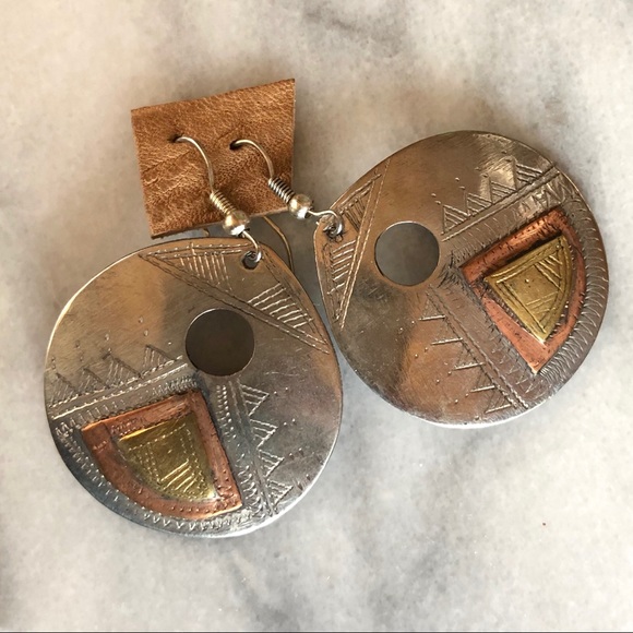 Silver tone earrings 3 pairs southwestern tribal  green brass copper accents - Picture 3 of 5